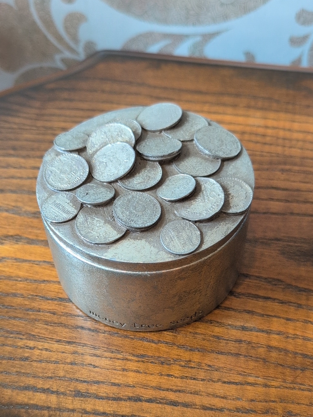 Decorative Coin Tin Trinket Box - Metalic Silver Coin Top